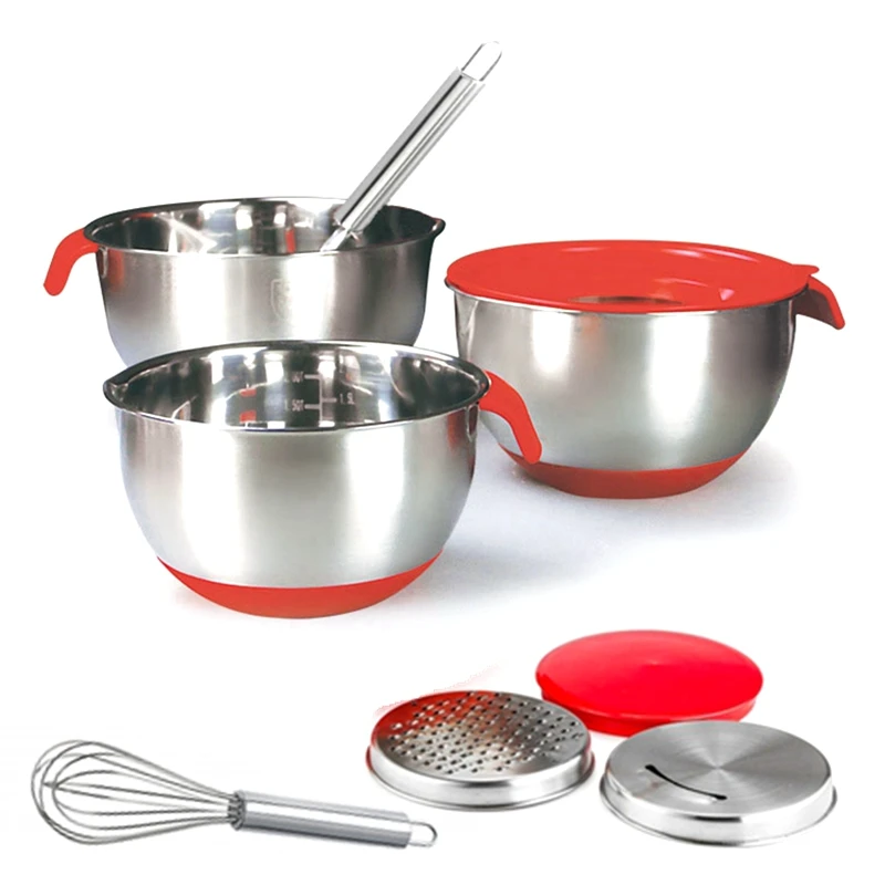 Kitchen Baking Containers - Roestvrijstalen saladeschaalset met deksels/handvat/rooster/eierklopper, antislip mengkom